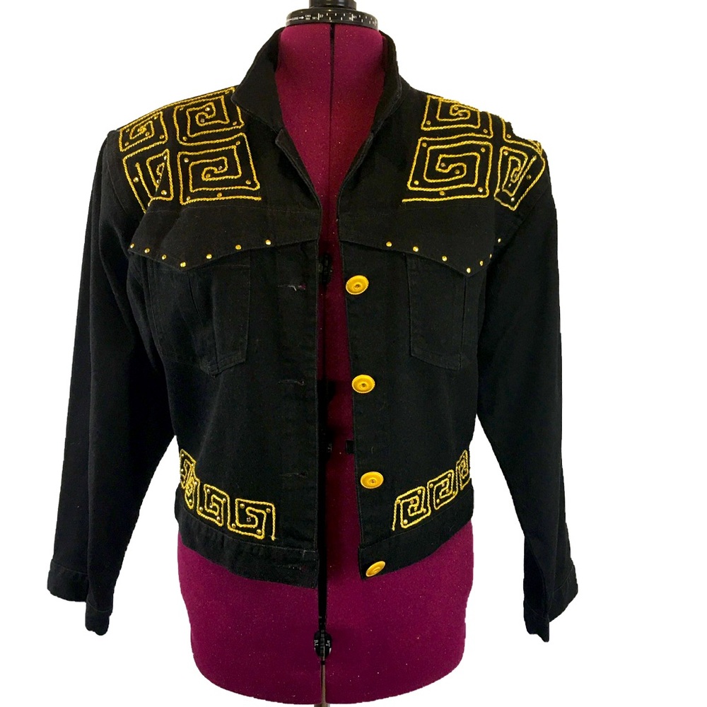 David David Vintage Denim Jeans Gold Trim Black 1980’s Style Short Jacket Coat - Picture 2 of 12